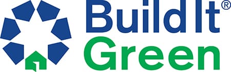 A blue and green logo for building greener